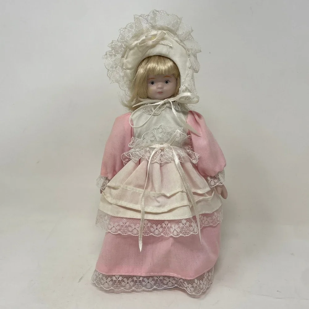 Vintage Porcelain Doll Pink Lace Victorian Dress Blonde Hair Collectible 9 Inch